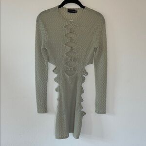 PLT 2 Textured Sage Green Dress Long Sleeve Crinkle Ring Detail Cut Out Bodycon